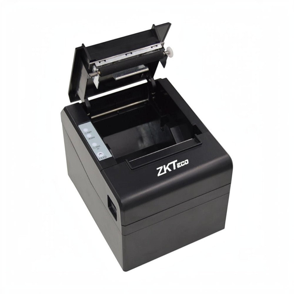 SILYMX ZKTECO ZKP8001 black thermal receipt printer with open lid for paper loading and control buttons