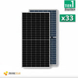 SILYMX Pallet of 33 ZNShine 730W bifacial monocrystalline solar panels, black grid pattern, silver frame.