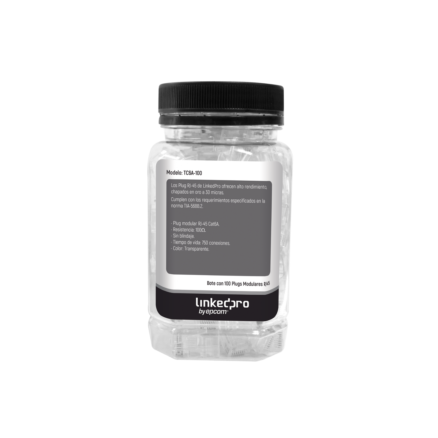 Bote con 100 Piezas de Plug Modular RJ45 Cat6A chapado de oro a 30 micras para durabilidad extrema TC6A-100 LINKEDPRO BY EPCOM - Imagen 1