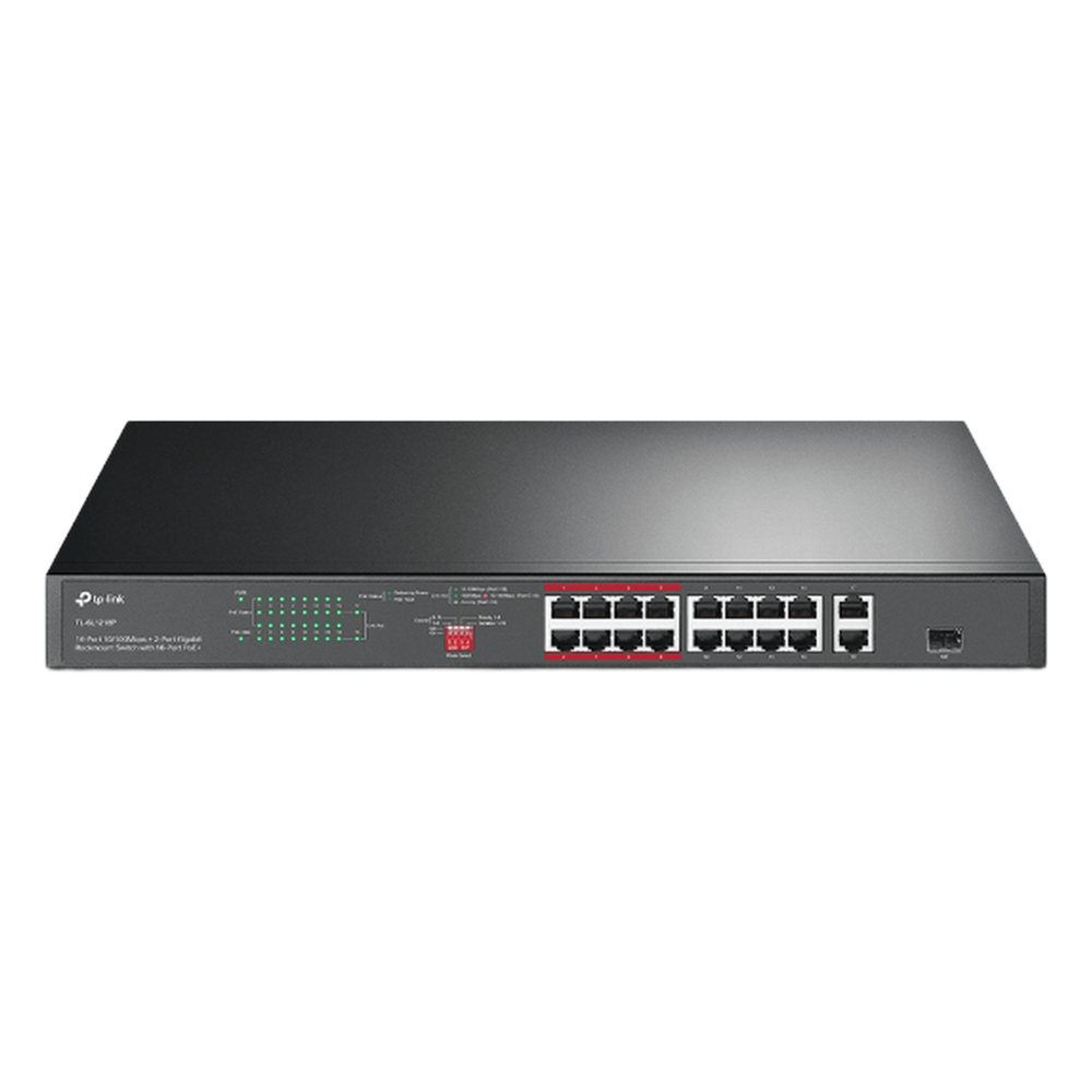 Switch PoE+ no Administrable 16 puertos 10/100 Mbps + 2 puertos 10/100/1000 Mbps + 1 puerto SFP, 8 puertos Extensor PoE (hasta 250 m), 150W, diseño para Vigilancia IP TP-LINK - Imagen 1