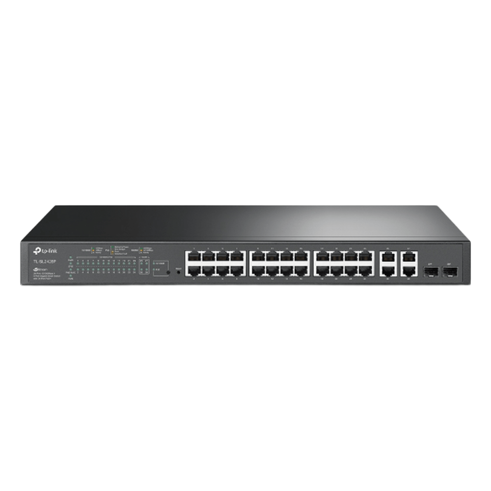 Switch PoE+ JetStream SDN Administrable 24 puertos 10/100 Mbps + 2 puertos 10/100/1000 Mbps (Uplink) + 2 puertos SFP (combo 2 RJ45 10/100/1000 Mbps), 250W, administración centralizada OMADA SDN TP-LINK - Imagen 1