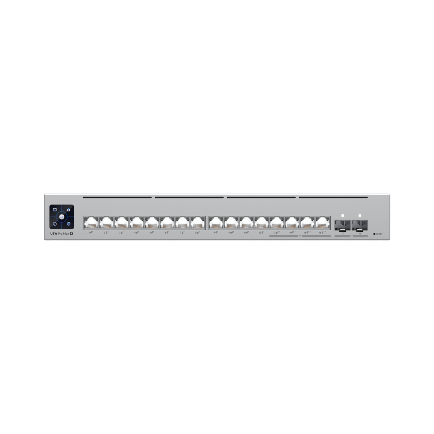 UniFi Switch Pro Max 16 PoE con funciones Capa 3, 16 puertos EtherLight RGB / (4) puertos 2.5 GbE POE++ y (12) puertos GbE POE+ /(2) puertos SFP+ 10G /con pantalla táctil informativa, hasta 180W de presupuesto POE UBIQUITI - Imagen 1