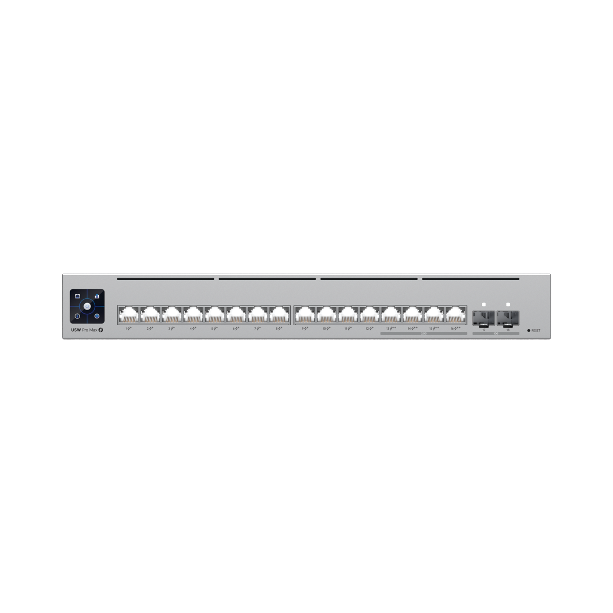 UniFi Switch Pro Max 16 PoE con funciones Capa 3, 16 puertos EtherLight RGB / (4) puertos 2.5 GbE POE++ y (12) puertos GbE POE+ /(2) puertos SFP+ 10G /con pantalla táctil informativa, hasta 180W de presupuesto POE UBIQUITI - Imagen 1