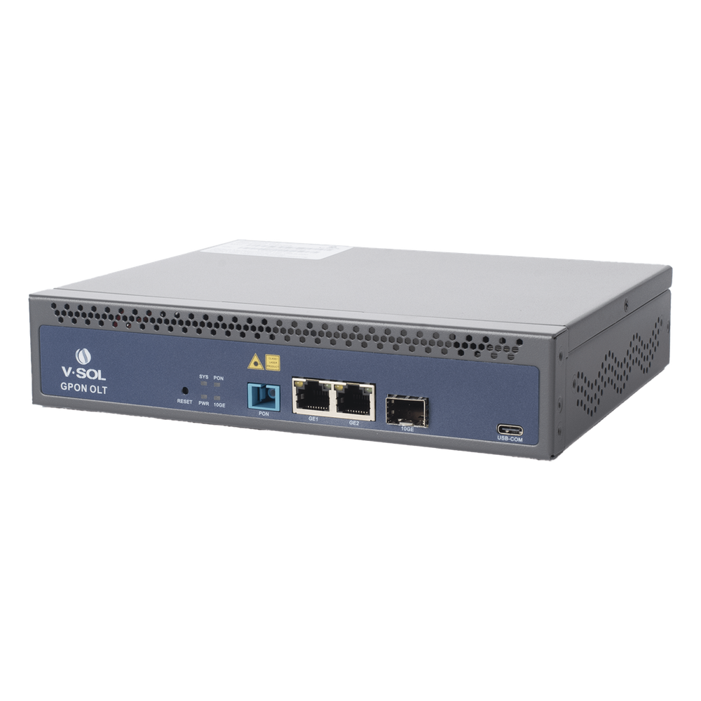 OLT de 1 puerto GPON SC/UPC + 3 puertos Uplink (2 puertos Gigabit Ethernet + 1 puerto SFP/SFP+), Fuente de alimentación redundante AC/DC , hasta 128 ONUS V-SOL - Imagen 1