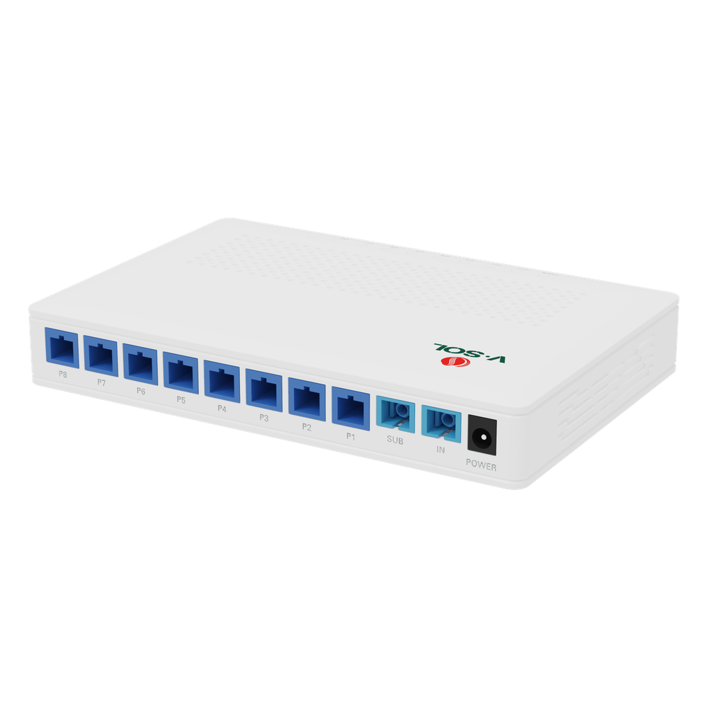 Splitter Activo 1x8 para Alimentación de 8 Dispositivos POF, 1 Puerto de cascadeo para continuidad, puertos SC/UPC V-SOL - Imagen 1