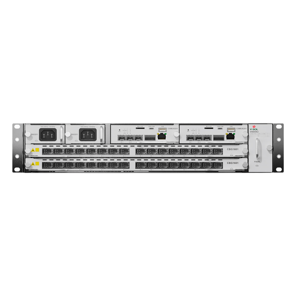 OLT Modular tipo Chasis GPON/XGS-PON Combo,1 Tarjeta de Servicio de 16 Puertos GPON, 2 Ranuras, 2 Fuentes de Alimentación AC, 2 UR V-SOL - Imagen 1