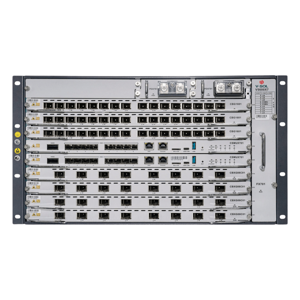OLT Modular tipo Chasis GPON/XGS-PON Combo, 7 Ranuras de Servicio, Incluye 1 Tarjeta de Servicio de 16 puertos GPON V-SOL - Imagen 1