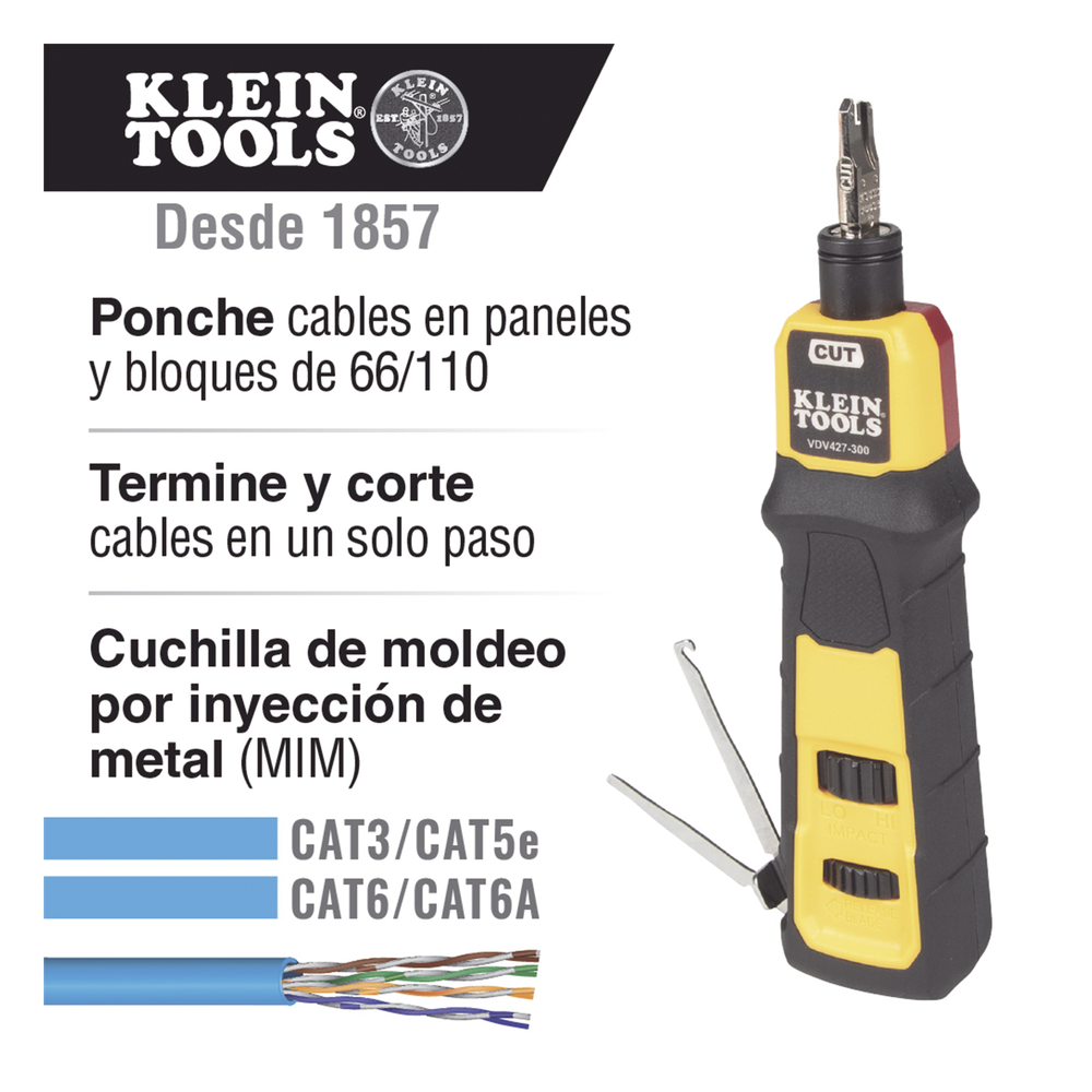 Herramienta Ponchadora de Impacto 110 con Cuchilla para Paneles y Bloques de 66/110. Termina y Corta Cables CAT3, CAT5e y CAT6/6A en 1 paso KLEIN TOOLS VDV427300 - Imagen 5