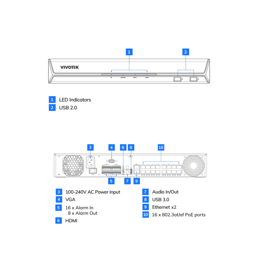 NVR VIVOTEK ND9442P · 16 Canales · 16 Puertos PoE · 4 Bahías HDD · 4K · Trend Micro - SILYMX