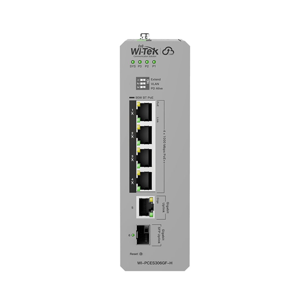 Switch Industrial PoE / 4 Puertos Gigabit PoE++ (802.3bt) / 1 Puerto Gigabit + 1 SFP / Alimentación DC 12-57V / Fanless / DIN-Rail / -30°C a 65°C / 55W-300W Budget PoE WI-TEK - Imagen 2