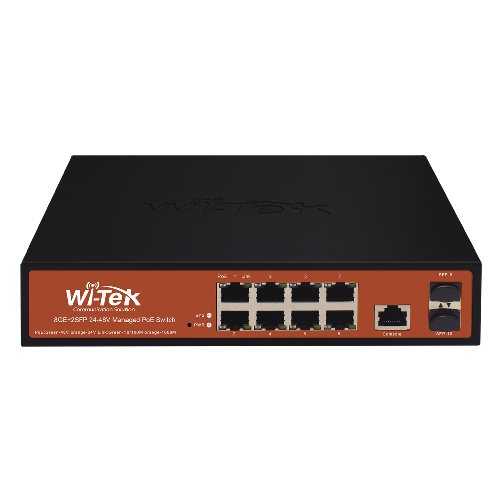 Switch Administrable de 8 puertos Gigabit Ethernet con PoE 802.3 af/at y 24V Pasivo + 2 SFP Gigabit, 150 W WI-TEK - Imagen 1