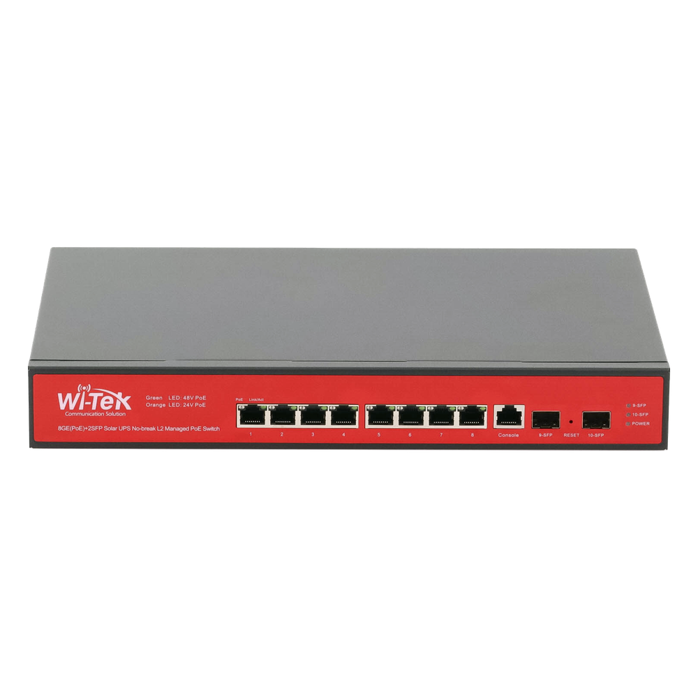 Switch Administrable Capa 2 de 8 puertos 10/100/1000 PoEaf/at + 2 x SFP Gigabit, con respaldo para energía solar WI-TEK - Imagen 1