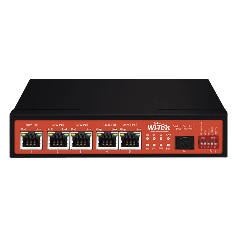 Controlador Solar de 15A con Switch PoE 1 Puertos Gigabit PoE 802.3 bt 2 Puertos PoE 802.3 af/at 2 Puertos PoE Pasivo 24/48 Vcc 1 Puerto SFP No administrable WI-PS306GF-UPS-15A WI-TEK - Imagen 1