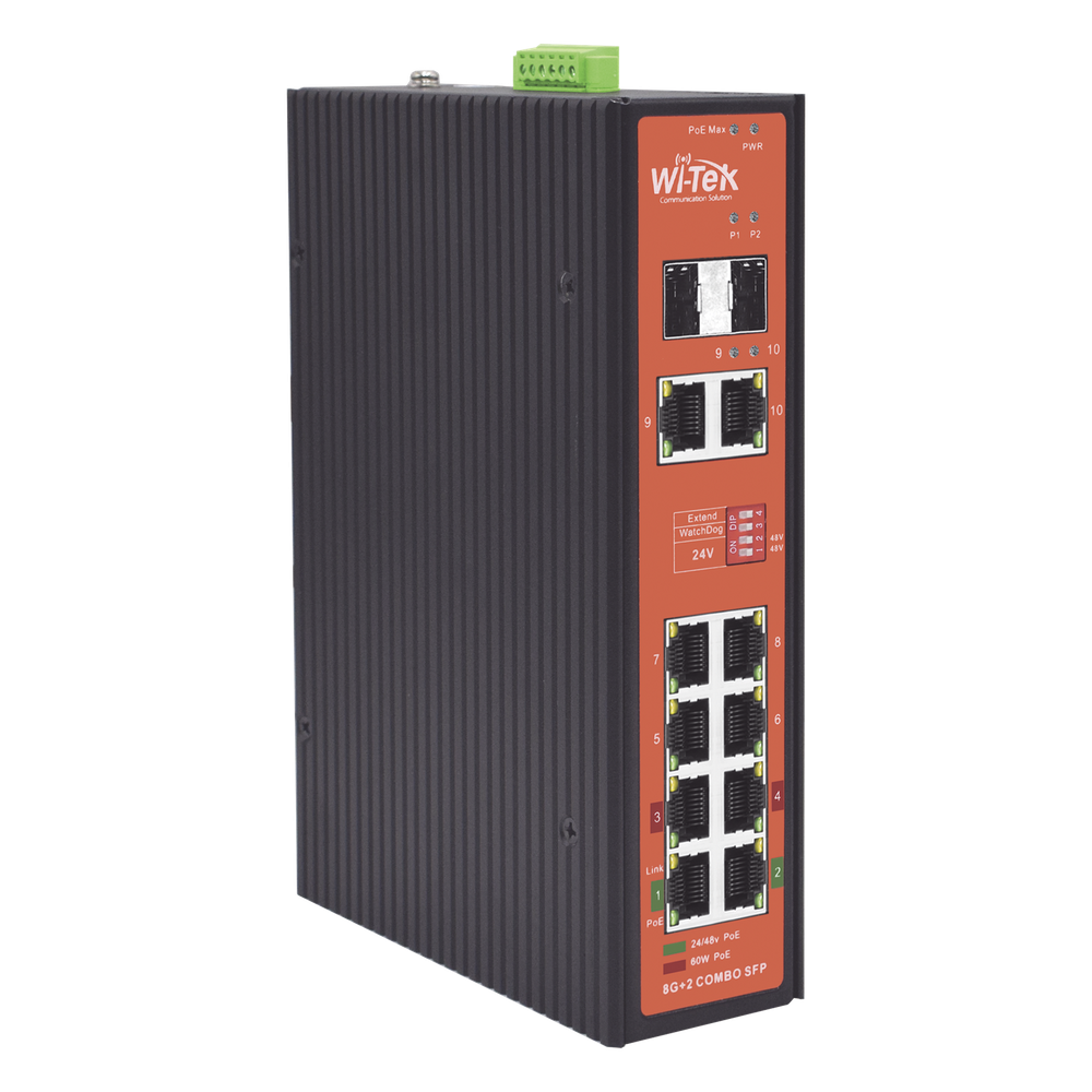Switch Industrial PoE++ y pasivo de 24V, no administrable con 8 puertos Gigabit + 2 SFP combo WI-TEK - Imagen 1