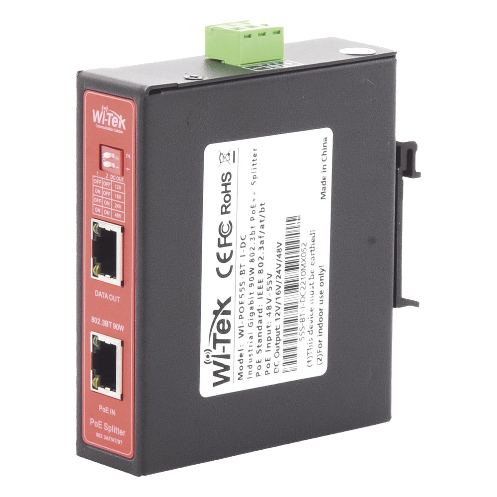 Splitter PoE IN hasta 90 W / Salida DC 12v/16V/24v o 48V / Carcasa metálica / Industrial soporte para riel DIN / Aplicaciones CCTV WI-TEK - Imagen 1