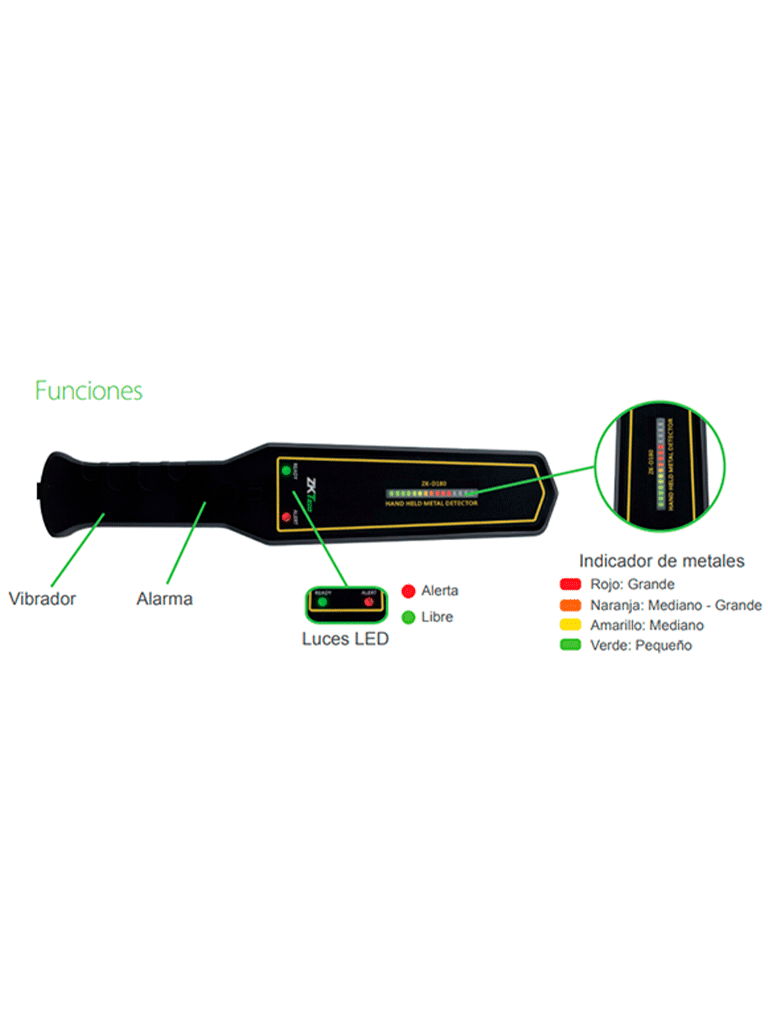 Detectores de MetalZKTECOZK-D180Detector de Metales Portátil Alta Sensibilidad Batería Recargable 40 Horas Alarma Visual Sonora Vibración ZKTECO ZK - D180 - SILYMX