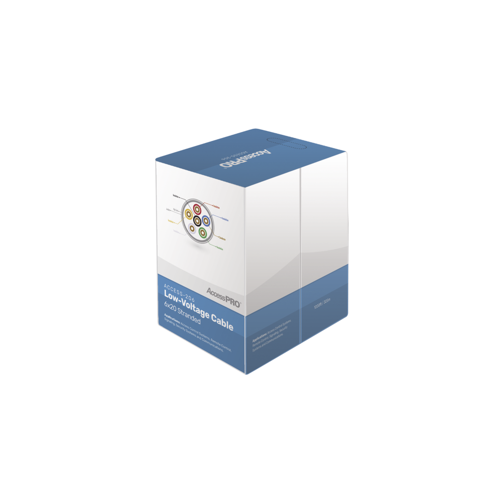 Bobina de 305 metros con 6 conductores de cobre trenzado calibre 20, aislamiento individual de FRPVC de alta calidad, cubierta exterior de PVC con protección anti-flama CM. Para aplicaciones de control de acceso - SILYMX