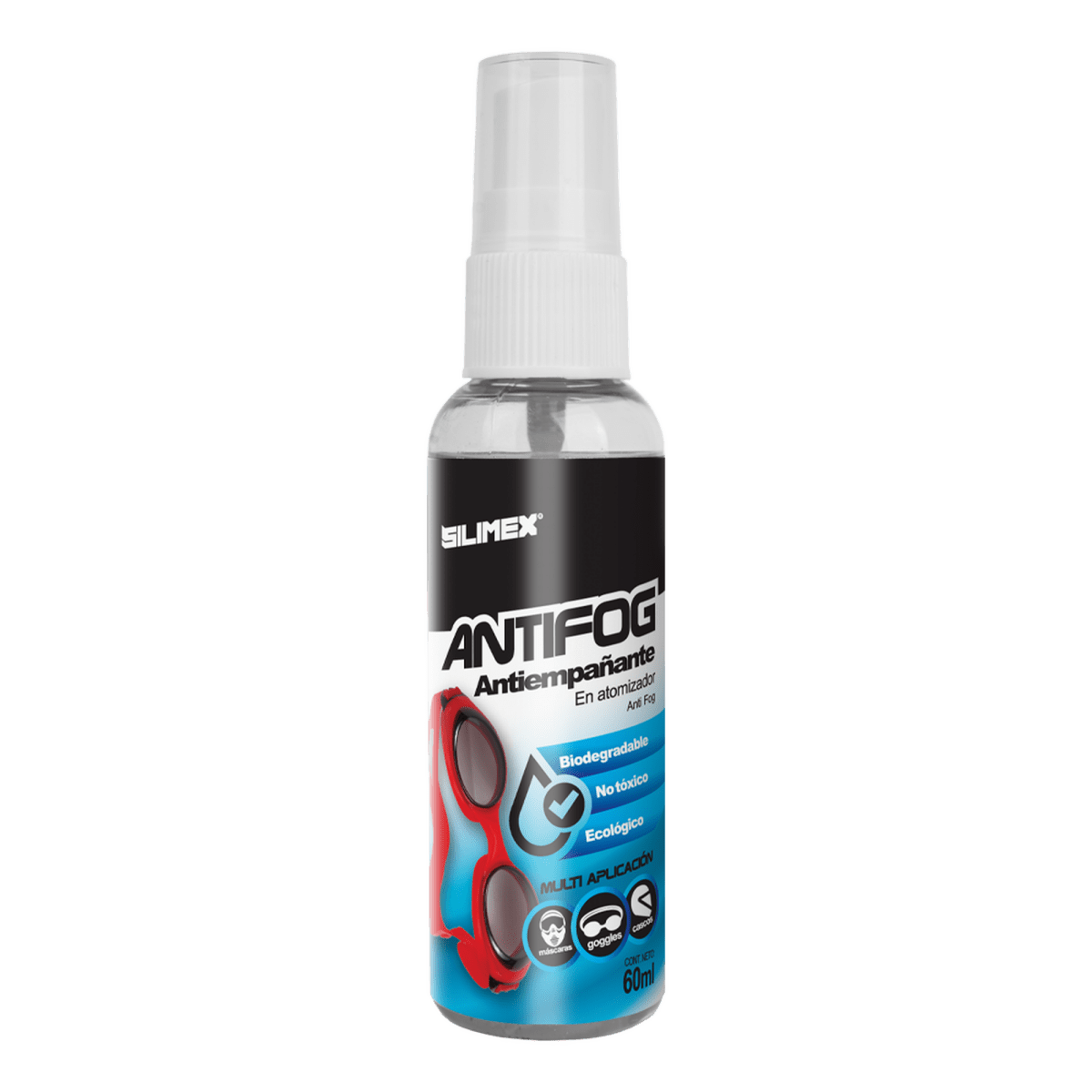 Antiempañante, ideal para eliminar problemas de empañamiento en googlees, mascaras, cascos, lentes, bote 60 ml - SILYMX