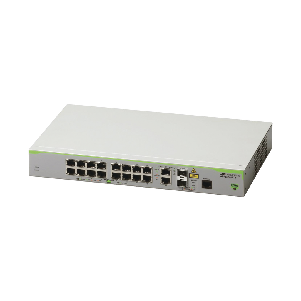 Switch Administrable CentreCOM FS980M, Capa 3 de 16 Puertos 10/100 Mbps + 2 puertos RJ45 Gigabit/SFP Combo - SILYMX