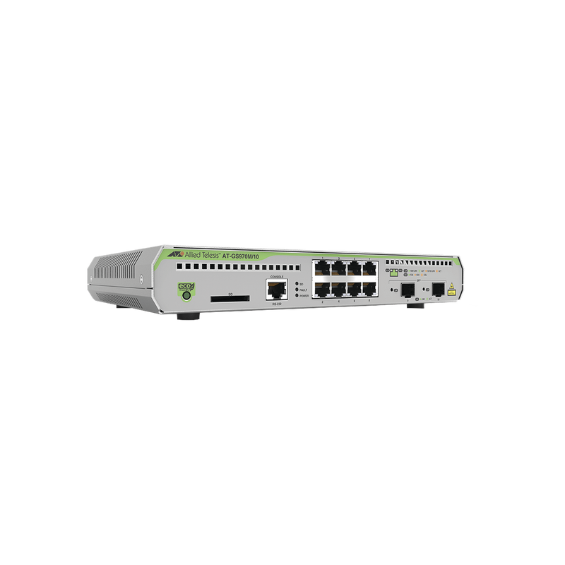 Switch Administrable CentreCOM GS970M, Capa 3 de 8 Puertos 10/100/1000 Mbps + 2 puertos SFP Gigabit - SILYMX
