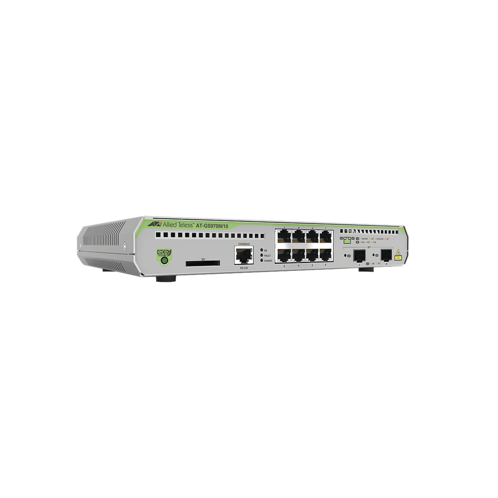 Switch Administrable CentreCOM GS970M, Capa 3 de 8 Puertos 10/100/1000 Mbps + 2 puertos SFP Gigabit - SILYMX