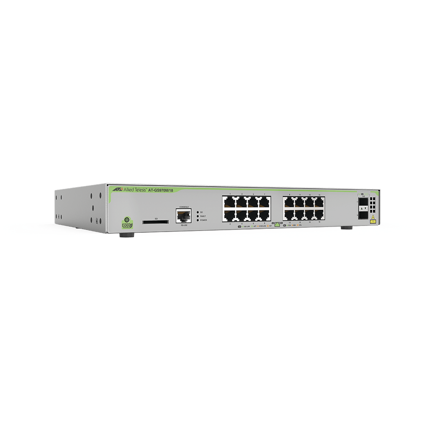 Switch PoE+ Administrable CentreCOM GS970M, Capa 3 de 16 Puertos 10/100/1000 Mbps + 2 SFP Gigabit, 247 W - SILYMX