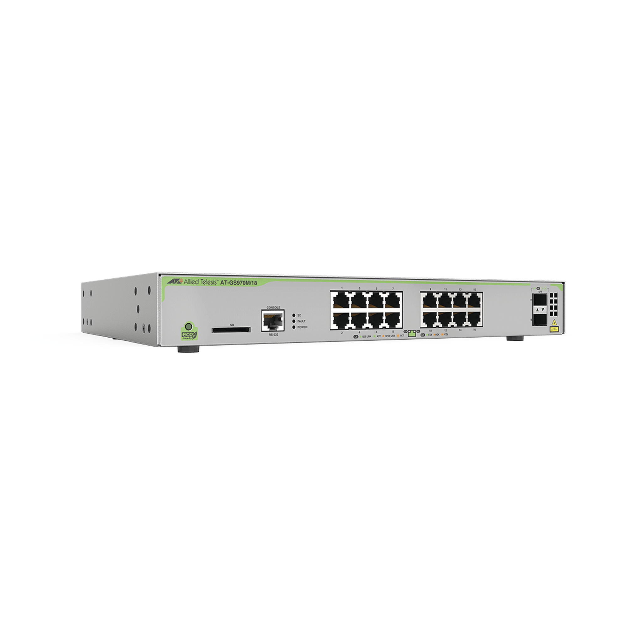 Switch PoE+ Administrable CentreCOM GS970M, Capa 3 de 16 Puertos 10/100/1000 Mbps + 2 SFP Gigabit, 247 W - SILYMX