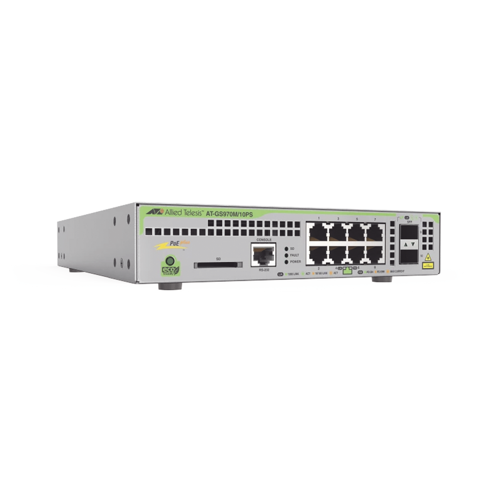 Switch PoE+ Administrable CentreCOM GS970M, Capa 3 de 8 Puertos 10/100/1000 Mbps + 2 SFP Gigabit, 124 W - SILYMX