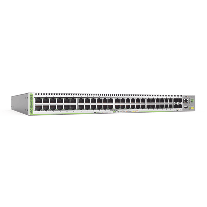 Switch PoE+ Administrable CentreCOM GS980M, Capa 3 de 48 puertos 10/100/1000Mbps + 4 SFP Gigabit, 740 W - SILYMX
