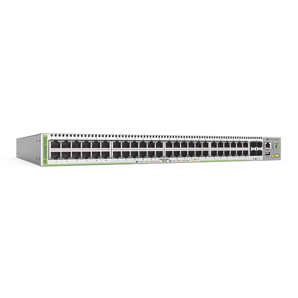 Switch PoE+ Administrable CentreCOM GS980M, Capa 3 de 48 puertos 10/100/1000Mbps + 4 SFP Gigabit, 740 W - SILYMX