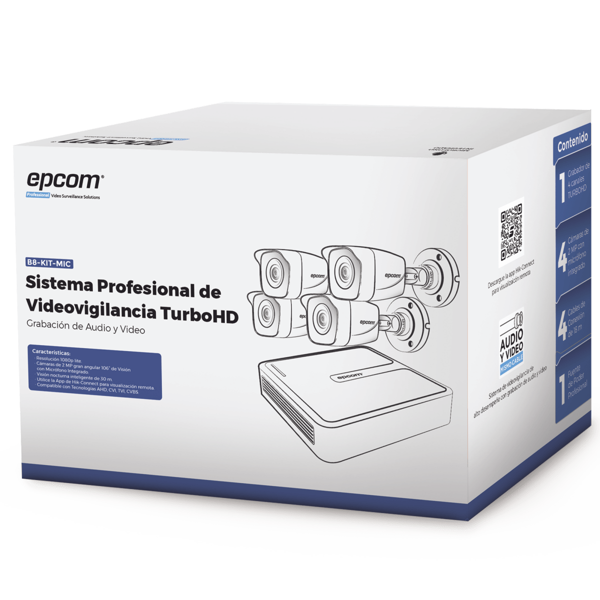 Kit CCTV EPCOM TurboHD 1080p Lite DVR 4 Canales 4 Cámaras 2MP con Microfono 4 Cables 18 mts Fuente de Poder profesional - SILYMX