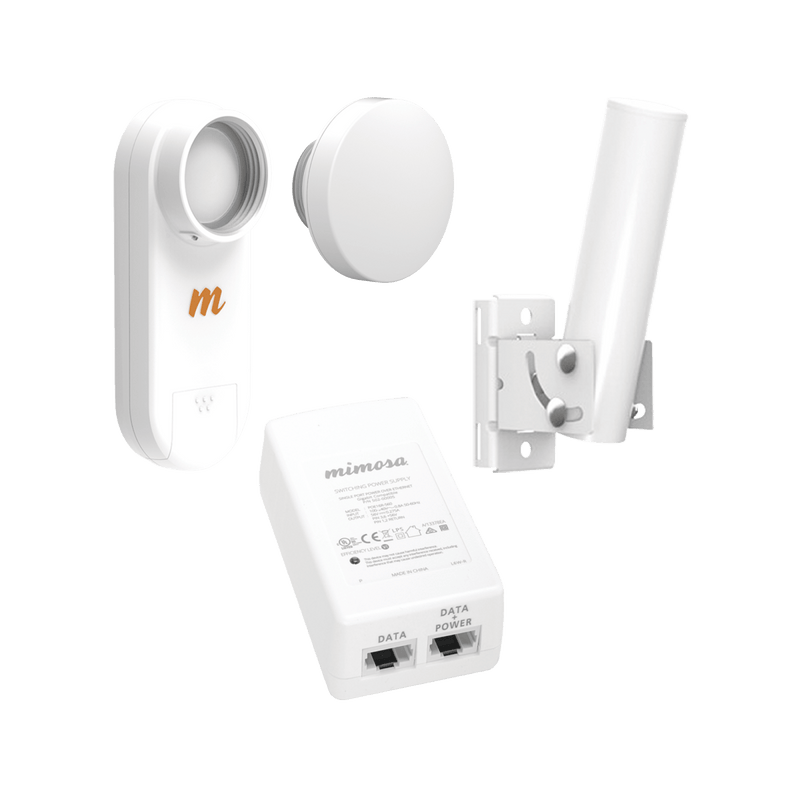 Kit de radios C5X, rango de frecuencia extendida (4.9 a 6.4 GHz), incluye inyector POE, montaje universal para tubo o poste Y una antena de 12 dBi - SILYMX