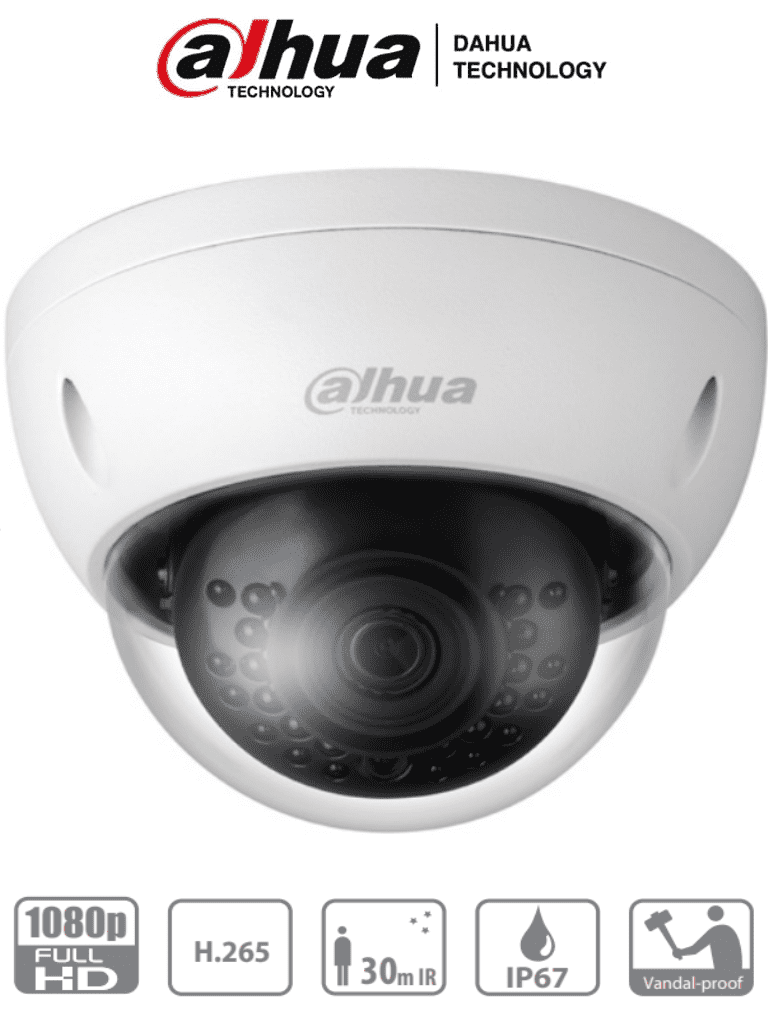 DAHUA IPC-HDBW1230E- Camara IP Domo Antivandalica de 2 Megapixeles/ Lente de 2.8 mm/ 104 Grados de Apertura/ Metalica/ IR de 30 Mts/ IP67/ IK10/ PoE/ DWDR/ - SILYMX