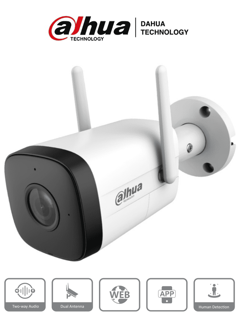 DAHUA IPC-HFW1230DT-STW - Camara IP Bullet Wifi de 2 Megapixeles/ Lente de 2.8 mm/ 100 Grados de Apertura/ IR de 30 Metros/ H.265/ Microfono y Altavoz Integrados/ Ranura MicroSD/ IP67/ Detección de Humanos/