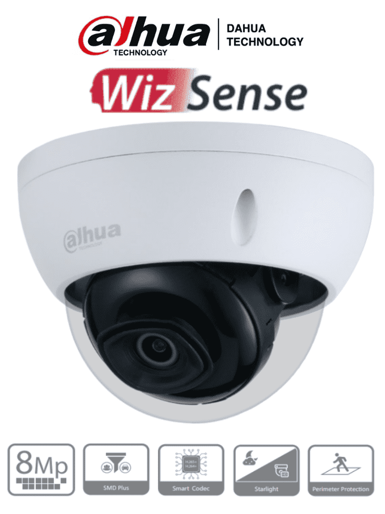 DAHUA IPC-HDBW3841EN-AS - Cámara IP Domo Antivandálica 4K Resolución de 8 MP/ Lente 2.8 mm/ ? 108°/ IR 30 mts/ IA WizSense/ Detección de Movimiento Inteligente/ Protección Perimetral/ Starlight/ PoE/ WDR/ H.265+/ IP67/ IK10/ E&S Alarma/ E&S Audio/ - SILYMX