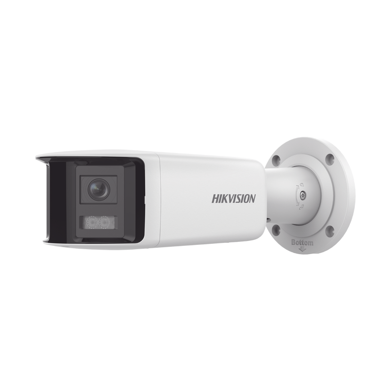 PROTECCIÓN ACTIVA Bala IP Panorámica 4 Megapixel 2 Lentes 2.8 mm 180° Imagen a Color 24 7 ColorVu PoE WDR 130° IP67 ACUSENSE Luz Estroboscópica y Alarma Audible 40 mts Luz Blanca Micro SD DS-2CD2T47G2P-LSU/SL(C) - SILYMX