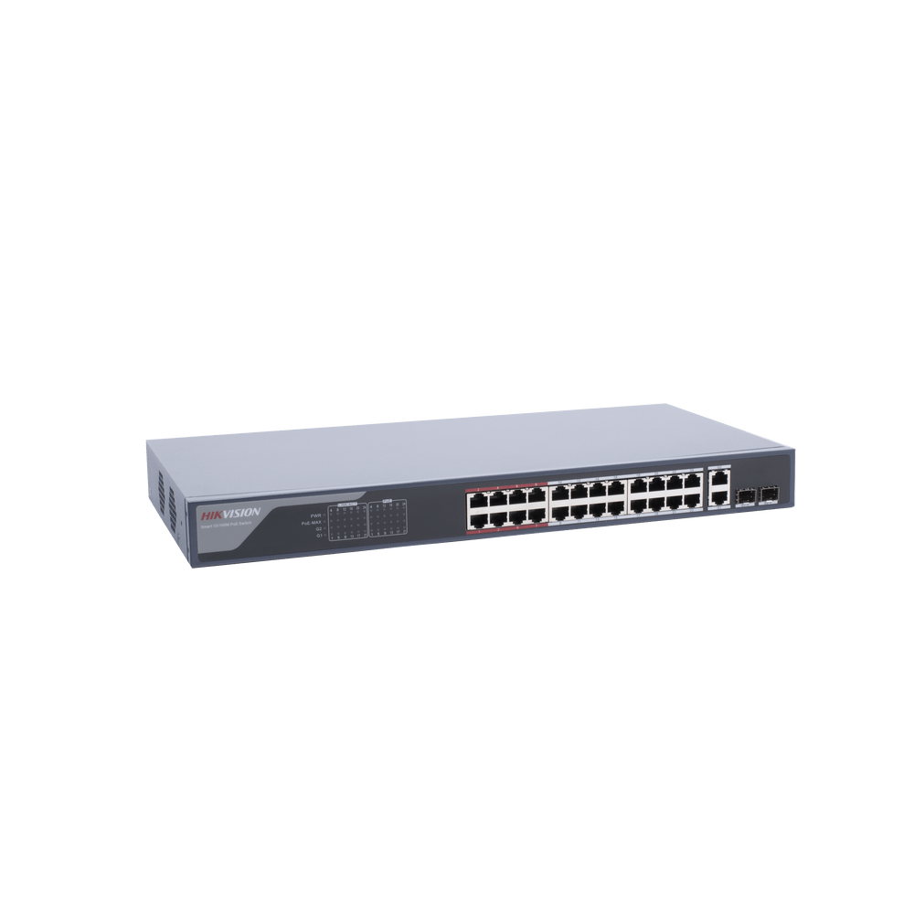 Switch Monitoreable De 24 Puertos Poe+ (Hasta 250 M) 10/100 Mbps 2 Puertos Rj45 + 2 Sfp (Combo) 370 Watts Conexión Remota Desde Hik-Proconnect - SILYMX