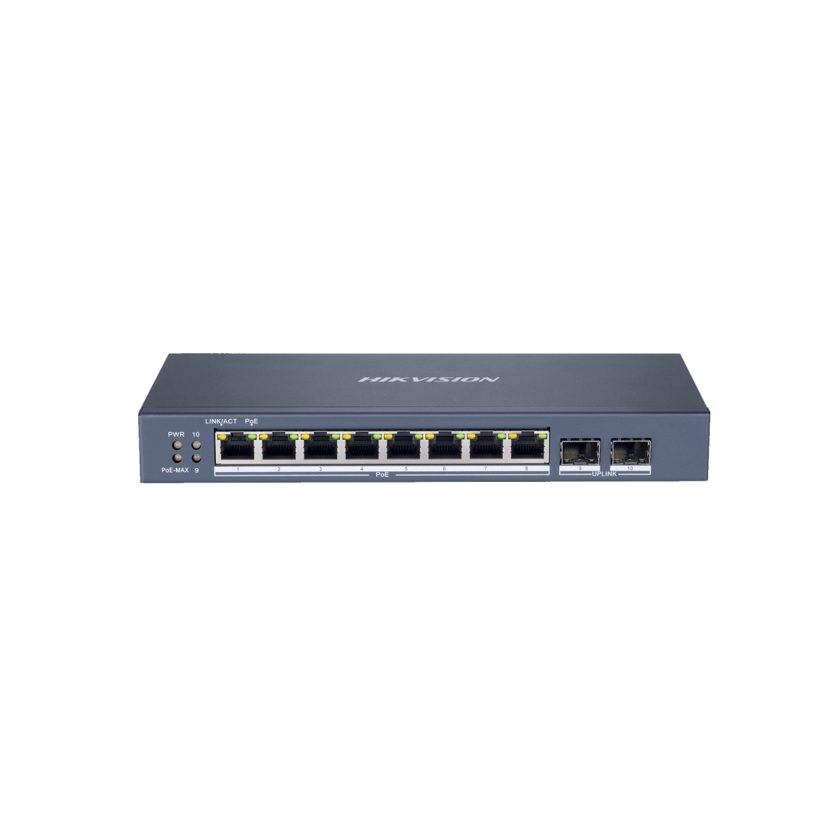 Switch Gigabit PoE+ / 8 puertos 10/100/1000 Mbps PoE+ / 2 puertos SFP / configuración remota desde Hik-ProConnect / PoE hasta 250 metros / 110 W - SILYMX