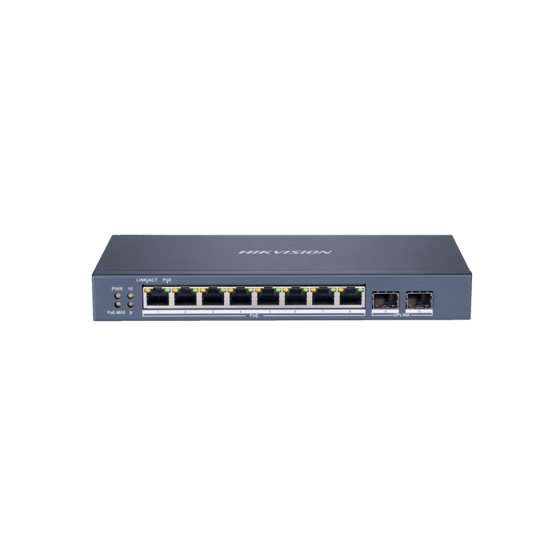 Switch Gigabit PoE+ / 8 puertos 10/100/1000 Mbps PoE+ / 2 puertos SFP / configuración remota desde Hik-ProConnect / PoE hasta 250 metros / 110 W - SILYMX