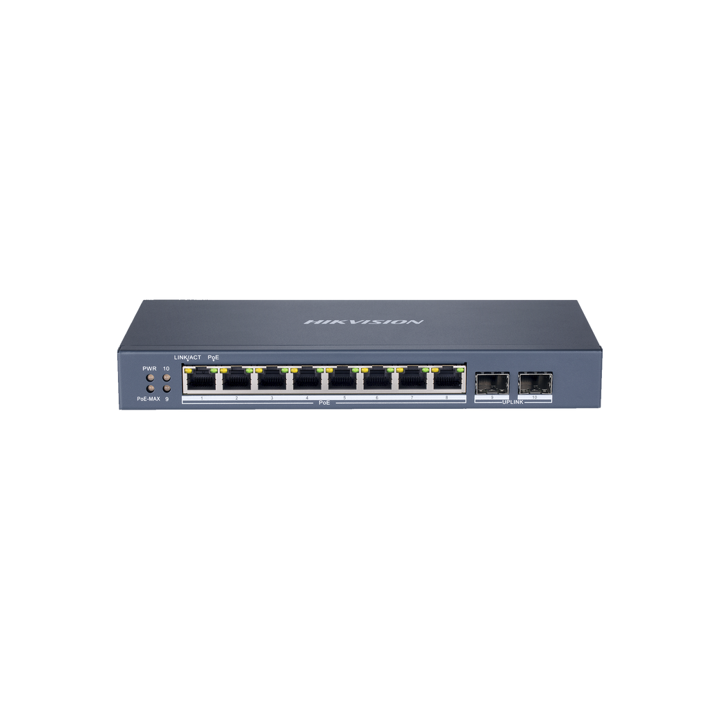 Switch Gigabit PoE+ / 8 puertos 10/100/1000 Mbps PoE+ / 2 puertos SFP / configuración remota desde Hik-ProConnect / PoE hasta 250 metros / 110 W - SILYMX