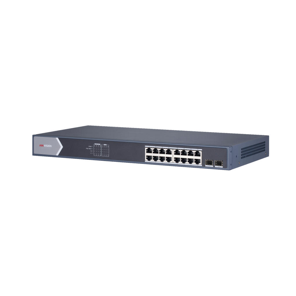 Switch Gigabit PoE+ / 16 puertos 10/100/1000 Mbps PoE+ / 2 puertos SFP / configuración remota desde Hik-ProConnect / PoE hasta 250 metros / 225 W