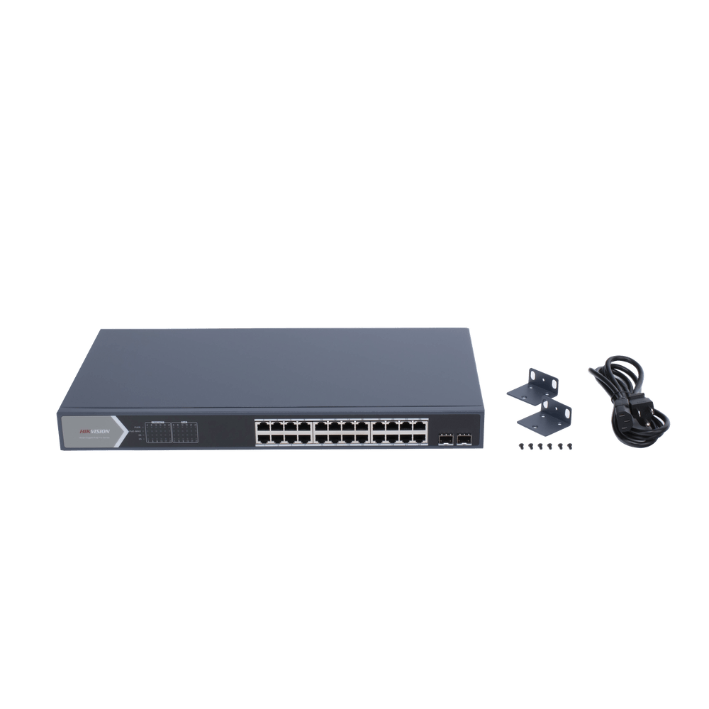 Switch Hikvision Gigabit PoE+ 24 puertos 10/100/1000 Mbps PoE+ 2 puertos SFP Configuración remota desde Hik-ProConnect PoE hasta 250 metros 370 W - SILYMX