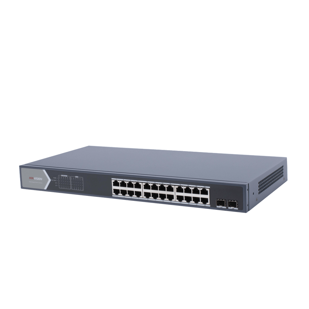 Switch Hikvision Gigabit PoE+ 24 puertos 10/100/1000 Mbps PoE+ 2 puertos SFP Configuración remota desde Hik-ProConnect PoE hasta 250 metros 370 W - SILYMX