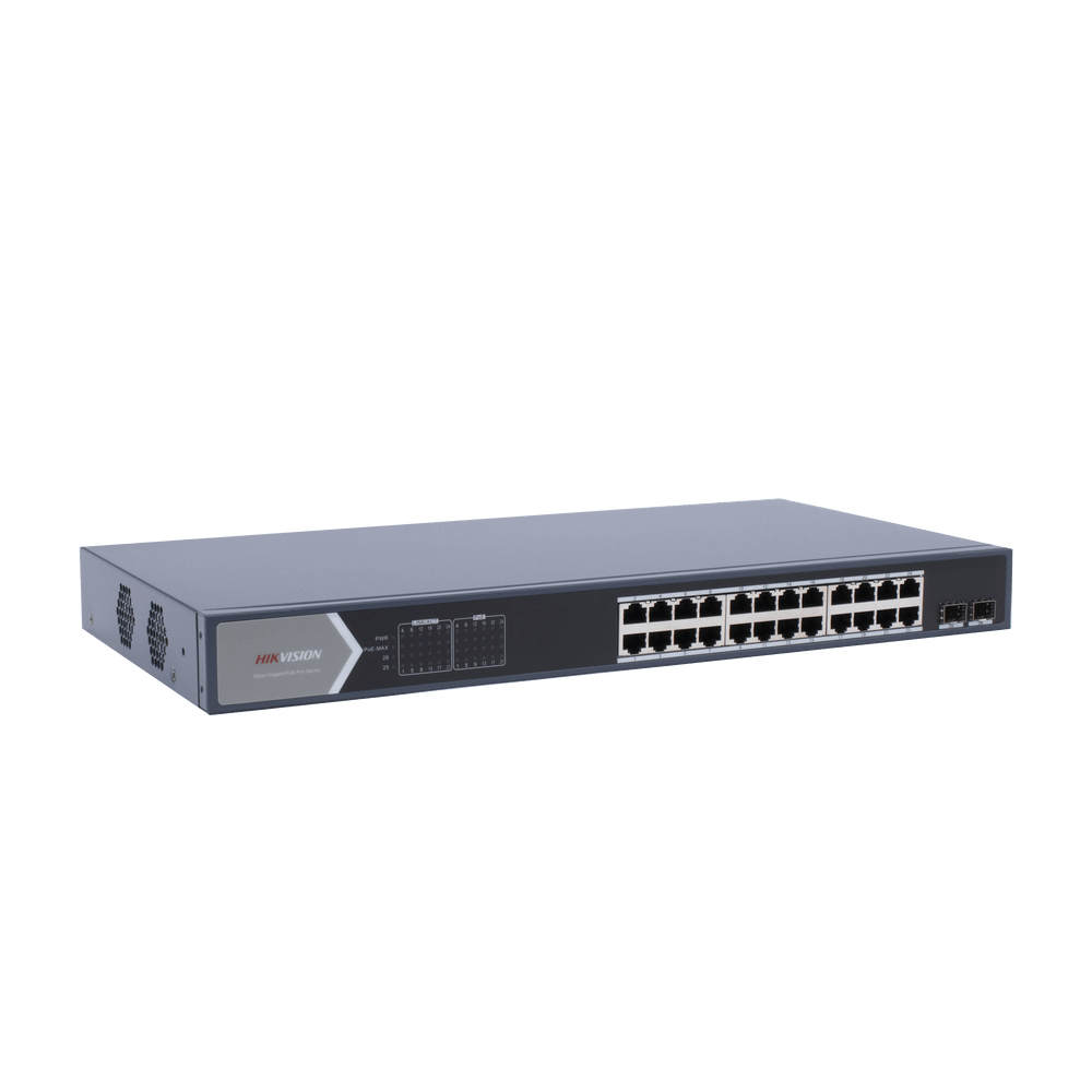 Switch Hikvision Gigabit PoE+ 24 puertos 10/100/1000 Mbps PoE+ 2 puertos SFP Configuración remota desde Hik-ProConnect PoE hasta 250 metros 370 W - SILYMX
