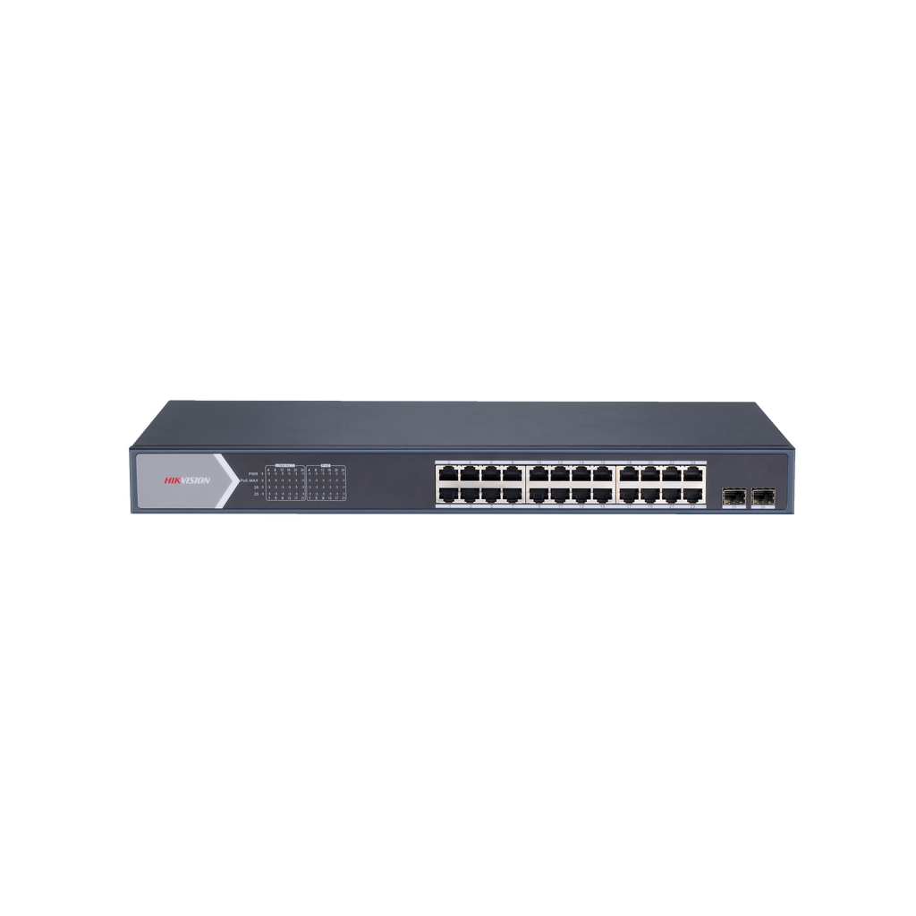 Switch Hikvision Gigabit PoE+ 24 puertos 10/100/1000 Mbps PoE+ 2 puertos SFP Configuración remota desde Hik-ProConnect PoE hasta 250 metros 370 W
