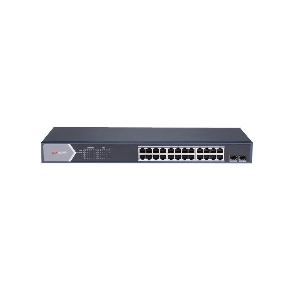 Switch Hikvision Gigabit PoE+ 24 puertos 10/100/1000 Mbps PoE+ 2 puertos SFP Configuración remota desde Hik-ProConnect PoE hasta 250 metros 370 W - SILYMX