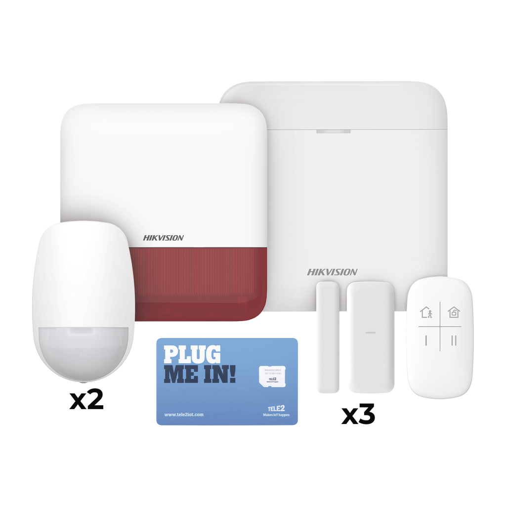 KIT de Alarma AX PRO con GSM (3G/4G) / Incluye: 1 Hub / 2 Sensores PIR / 3 Contactos Magnéticos mini / 1 Control Remoto / 1 Sirena Roja Inalambrica Exterior  / 1 WiFi / 1 MICROSIM30M2M con 1 mes de servicio/Compatible con Hik-Connect P2P