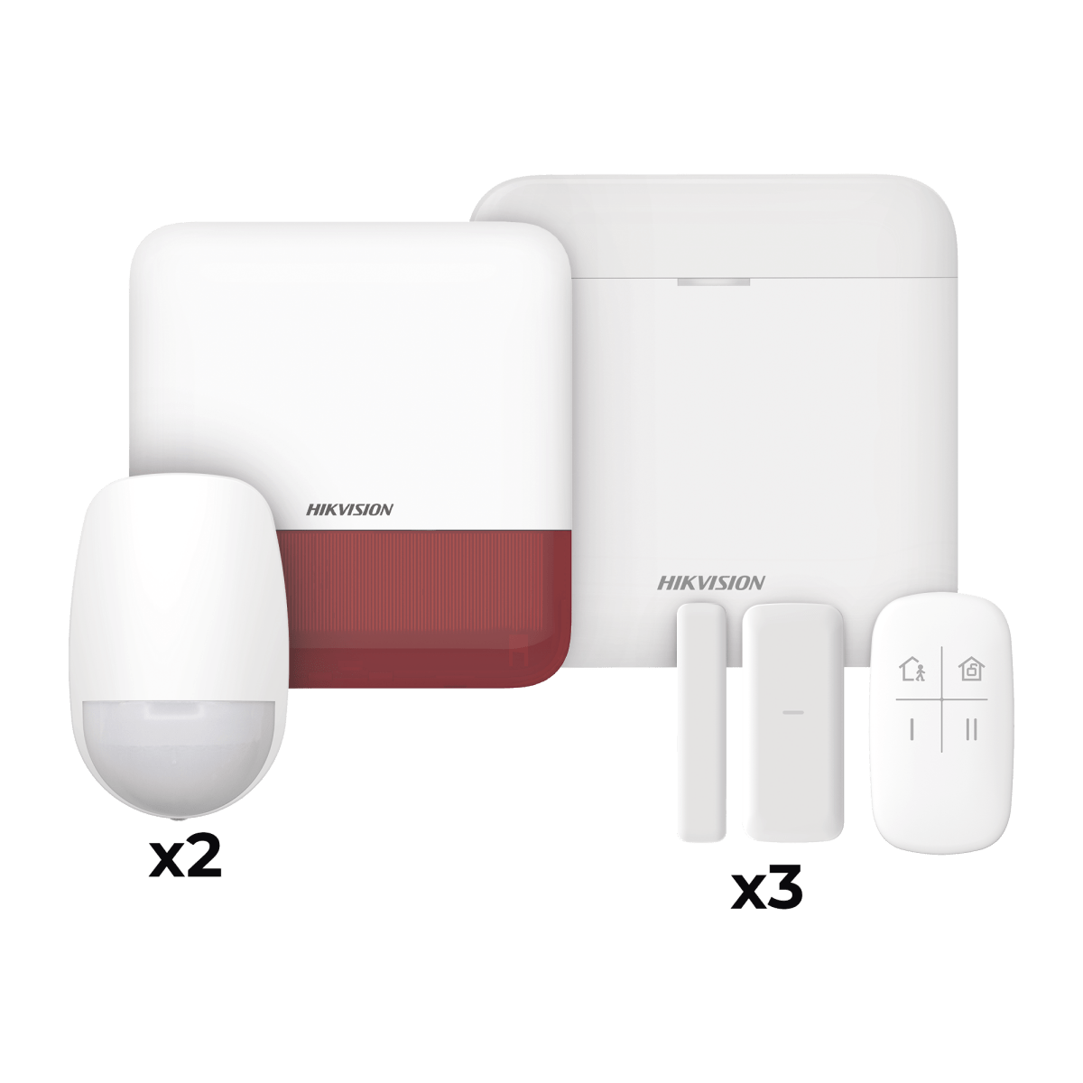 (AX PRO) KIT de Alarma AXP RO / Incluye: 1 Hub con bateria de respaldo / 2 Sensores PIR / 3 Contactos Magnéticos mini / 1 Control Remoto / 1 Sirena Inalambrica Exterior color rojo  / WiFi / Compatible con Hik-Connect P2P - SILYMX