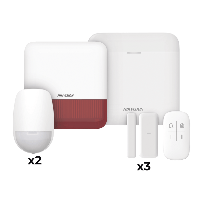 (AX PRO) KIT de Alarma AXP RO / Incluye: 1 Hub con bateria de respaldo / 2 Sensores PIR / 3 Contactos Magnéticos mini / 1 Control Remoto / 1 Sirena Inalambrica Exterior color rojo  / WiFi / Compatible con Hik-Connect P2P - SILYMX