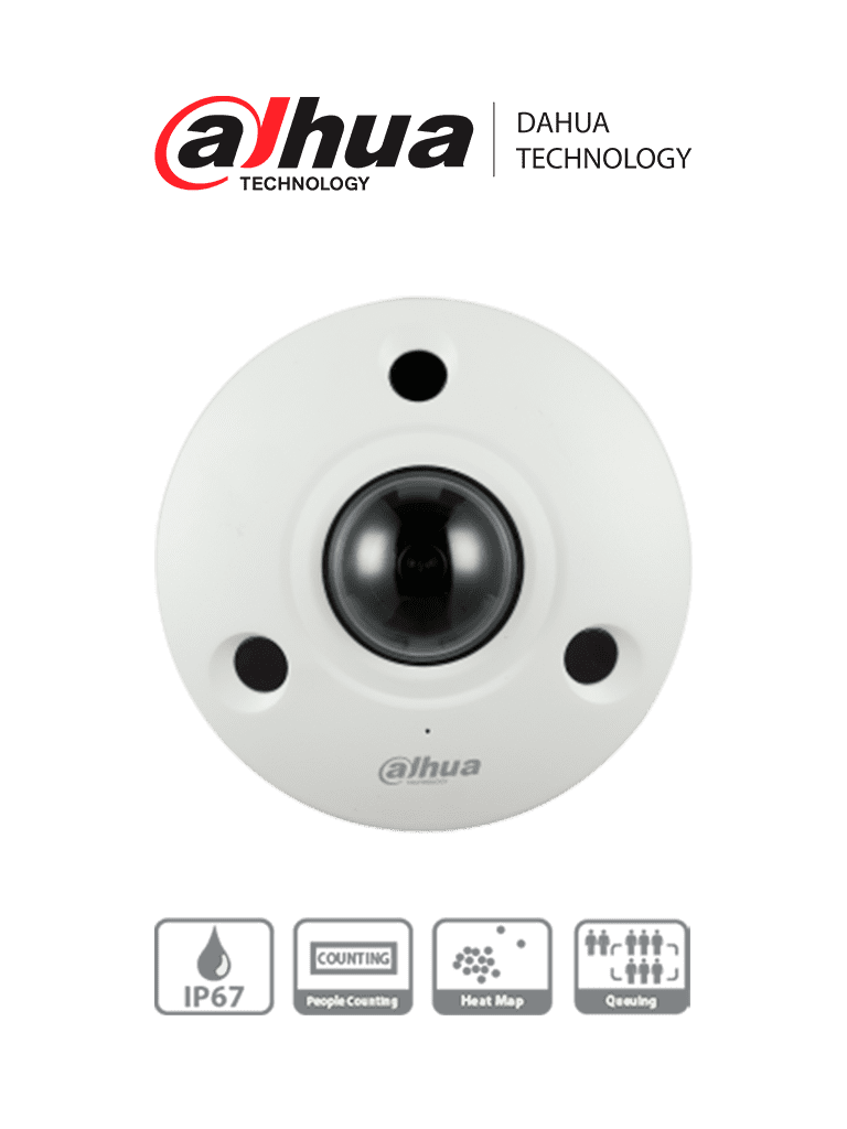 DAHUA IPC-EBW81242N - Cámara IP Fisheye Resolución de 12 MP/ Lente 1.85mm/ ? 360/ IR 10 mts/ IA WizMind/ Conteo de Personas/ Cantidad de Personas en Áreas/ Mapa de Calor/ PoE/ DWDR/ H.265/ IP67/ IK10/ E&S Alarma/ E&S Audio